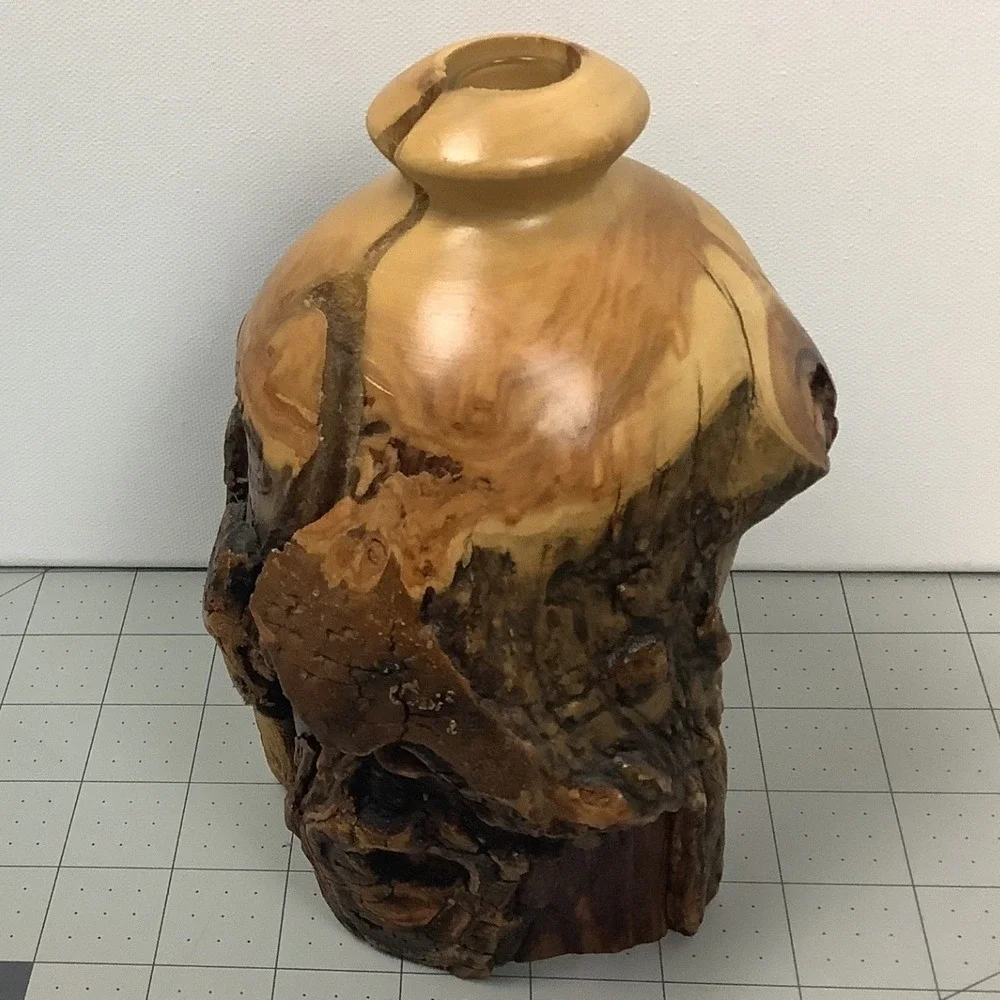 Vintage Live Edge Wood Vase Rustic Studio Art Burl Log Bud Vase w Glass Insert